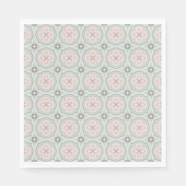 Servilleta De Papel Baldosas Florales Verde Pastel (Anverso)