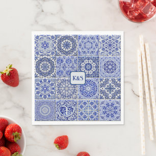 Servilleta De Papel Baldosas pintadas en azul y blanco con iniciales