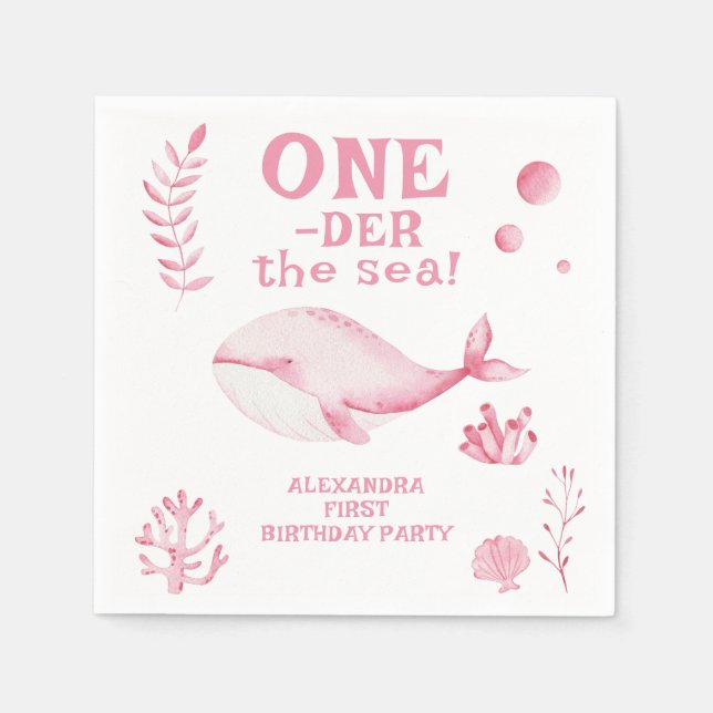 Servilleta De Papel Ballena Rosa Oneder El Mar 1er Cumpleaños  (Anverso)