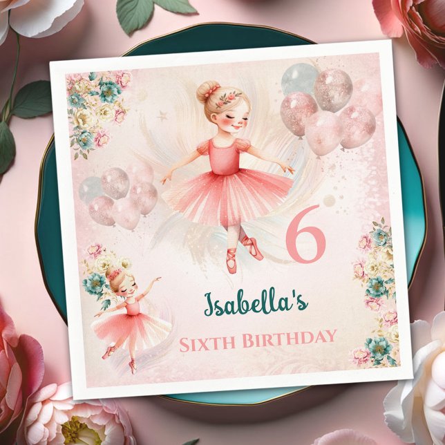 Servilleta De Papel Ballerina Blond Pink Verde azulada Floral Giro Cum (Ballerina Blond Pink Teal Floral Girly Birthday Napkins)
