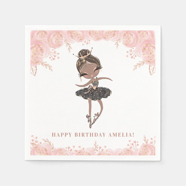 Servilleta De Papel Ballerina Chica negra en cumpleaños floral con ves (Anverso)