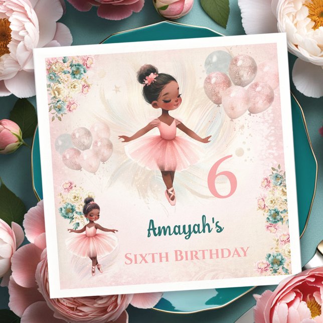 Servilleta De Papel Ballerina Piel Oscura Pink Verde azulada Floral Cu (Ballerina Dark Skin Pink Teal Floral Birthday Napkins)