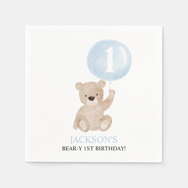 Servilleta De Papel Balón azul de beary 1º cumpleaños (Anverso)