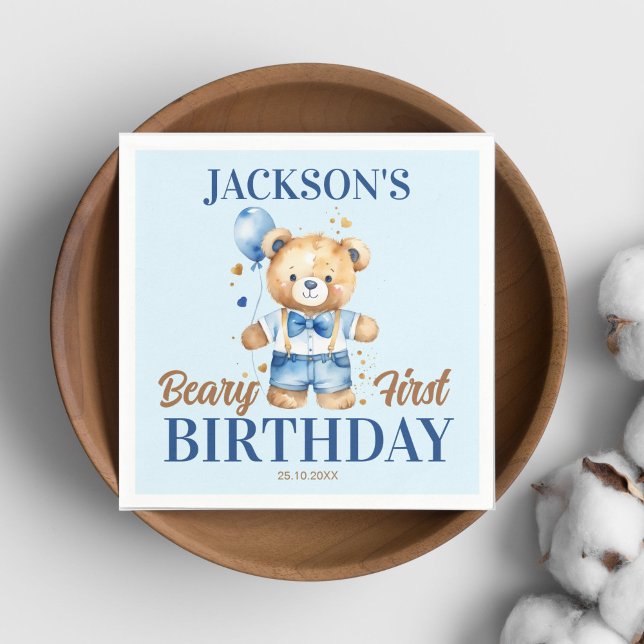 Servilleta De Papel Balón azul de peluche beary first boys lindo (Beary first birthday teddy bear party tableware personalized napkins cute teddy with denim shorts )