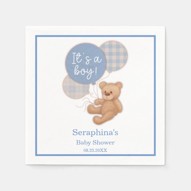 Servilleta De Papel Balón azul Teddy Bear Baby Shower Napkins (Anverso)