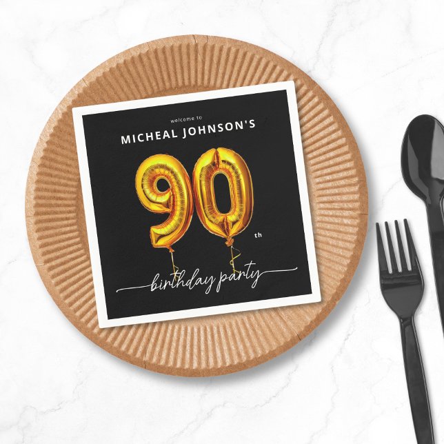 Servilleta De Papel Balón de oro Black 90th Birthday Party (Gold Balloon Black 90th Birthday Party Napkins)