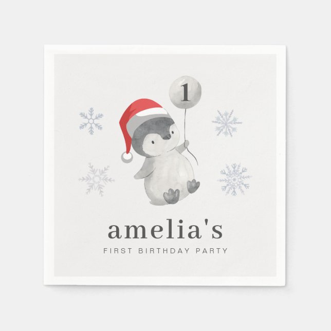 Servilleta De Papel Balón Pingüino Primer Cumpleaños (Anverso)