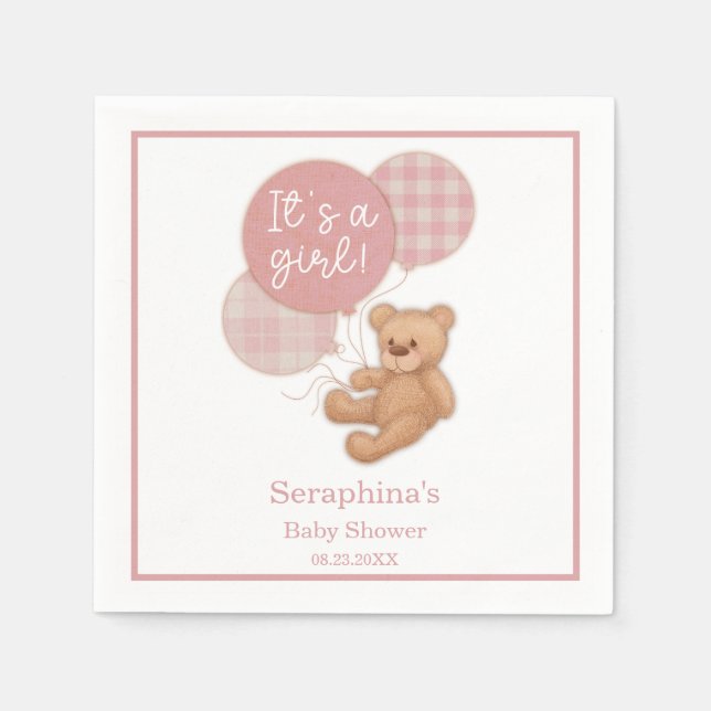 Servilleta De Papel Balón rosa Teddy Bear Baby Shower Napkins (Anverso)
