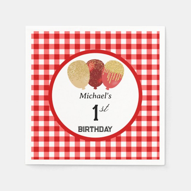Servilleta De Papel Balones y Red Gingham Primer Cumpleaños (Anverso)