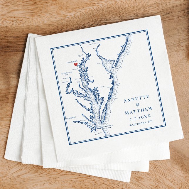 Servilleta De Papel Baltimore Mapa de Maryland Elegante Boda azul de l (Baltimore Wedding Napkins Personalized Chesapeake Bay Map Napkins in elegant navy blue )