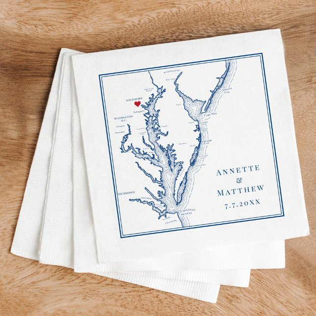 Servilleta De Papel Baltimore MD Chesapeake Bay Map Elegant Wedding (These Baltimore Maryland Map napkins are perfect for your Chesapeake Bay Destination Wedding)