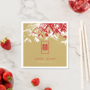 Servilleta De Papel Bambú rojo/oro deja Boda chino Xi doble