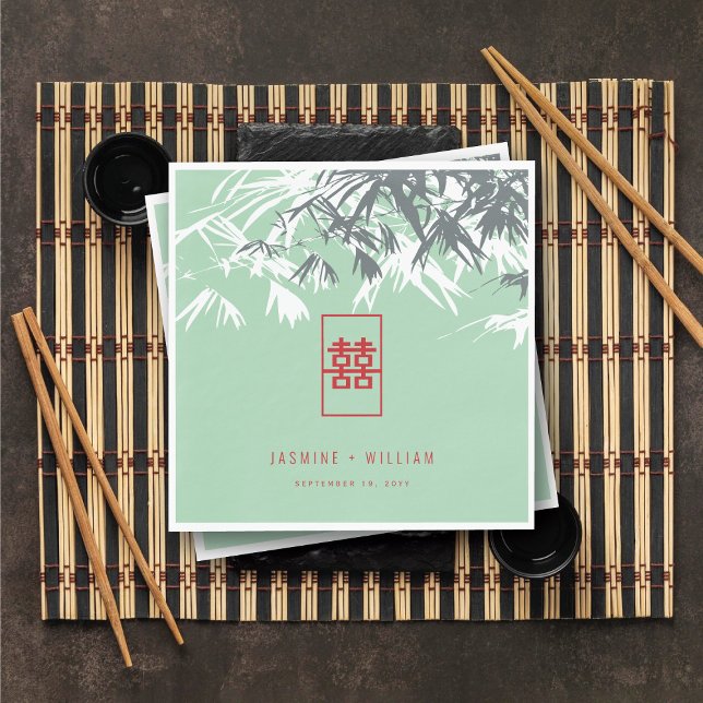 Servilleta De Papel Bambú verde de menta deja Boda chino Xi doble (Mint Green Bamboo Leaves Double Happiness Chinese Wedding Paper Napkins @ fatfatin_red_knot)
