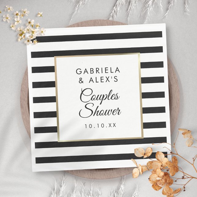 Servilleta De Papel Banda negra Elegante Parejas Doradas Ducha Bridal (Black Stripe Elegant Gold Couples Bridal Shower Napkins)