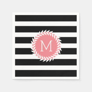 Servilleta De Papel Bandas blancas y negras monogramadas y guirnalda b
