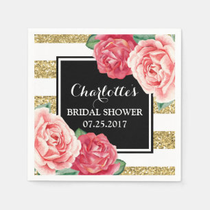 Servilleta De Papel Bandas de oro negro Flores rosadas Ducha de novia