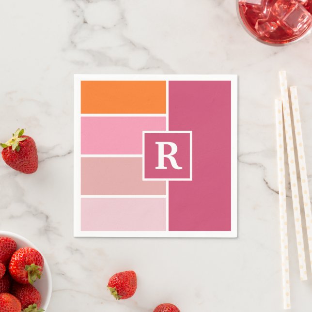 Servilleta De Papel Bandas en rosa, blanco y naranja con Monograma (In situ)