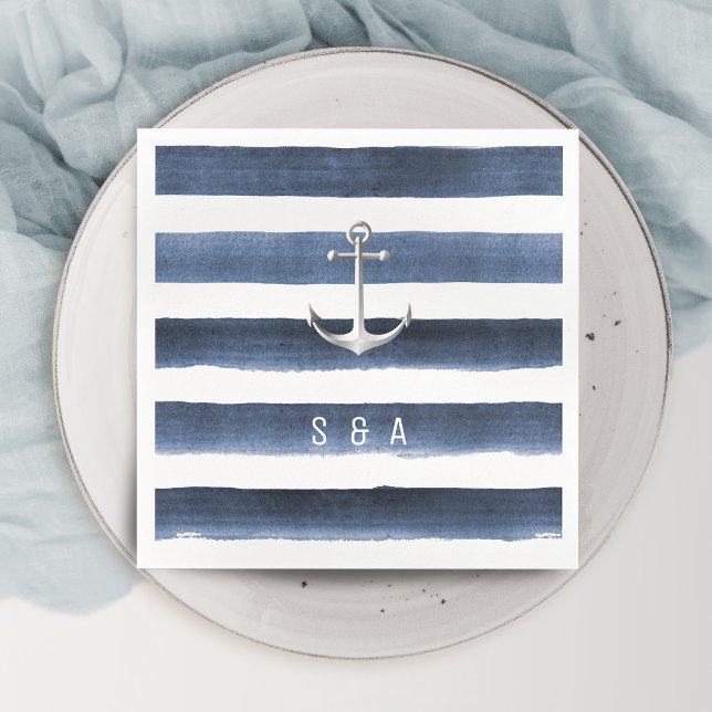 Servilleta De Papel Bandas náuticas con marea de ancla en la playa (Watercolor navy stripes with anchor beach wedding napkins)