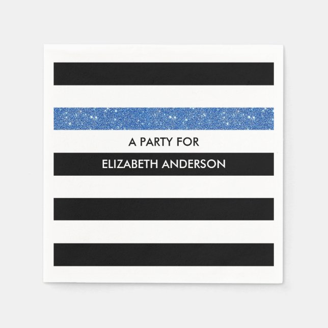 Servilleta De Papel Bandas negras modernas FAUX Blue Glitz y nombre (Anverso)