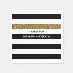 Servilleta De Papel Bandas negras modernas FAUX Gold Glitz y nombre