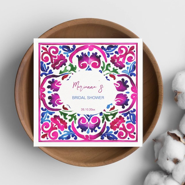 Servilleta De Papel Bandeja de mesa para despedida de soltera con bald (Magenta pink blue Mexican Spanish Talavera tiles bridal shower tableware personalized napkins fiesta)