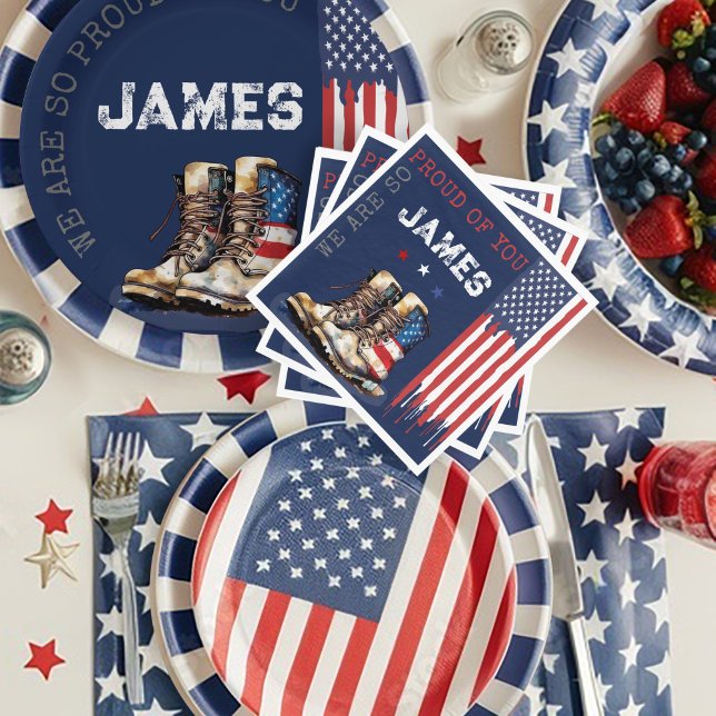 Servilleta De Papel Bandera militar estadounidense bota a Fiesta AZUL (Patriotic Military Party US Flag Combat Boots going away farewell party table decor plates napkins)