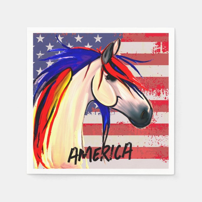 Servilleta De Papel Bandera Patriótica Americana Caballo Blanco y Azul (Anverso)
