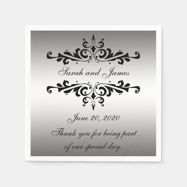 Servilleta De Papel Baños negros plateados Gracias Papel Boda (Anverso)