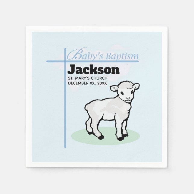 Servilleta De Papel Baptism Blue Boy Lamb, Personalizable (Anverso)
