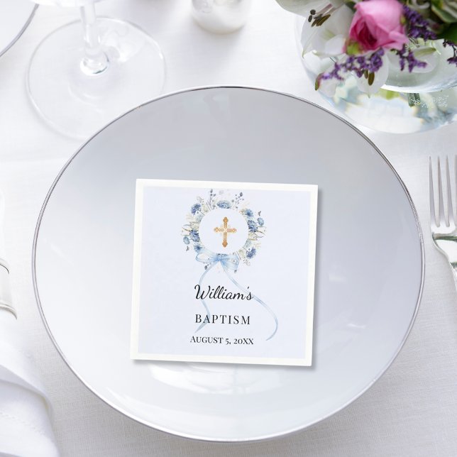 Servilleta De Papel Baptism blue florals wreath boy cross (Subido por el creador)