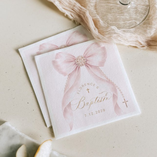 Servilleta De Papel Baptism Blush Pink Bow Pearls (Subido por el creador)