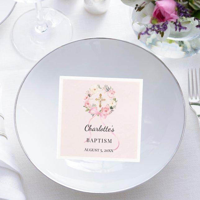 Servilleta De Papel Baptism blush pink girl florals wreath cross (Subido por el creador)