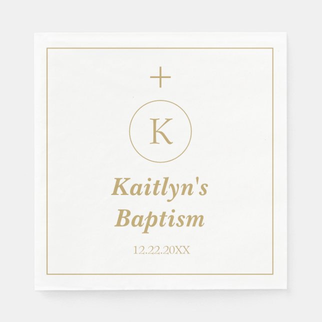 Servilleta De Papel Baptism Gold White Monogram Iniciales Elegante Cut (Anverso)