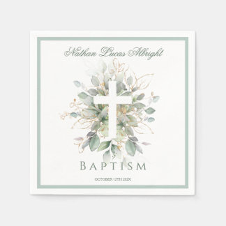 Servilleta De Papel Baptism Greenery Leaves Cross 