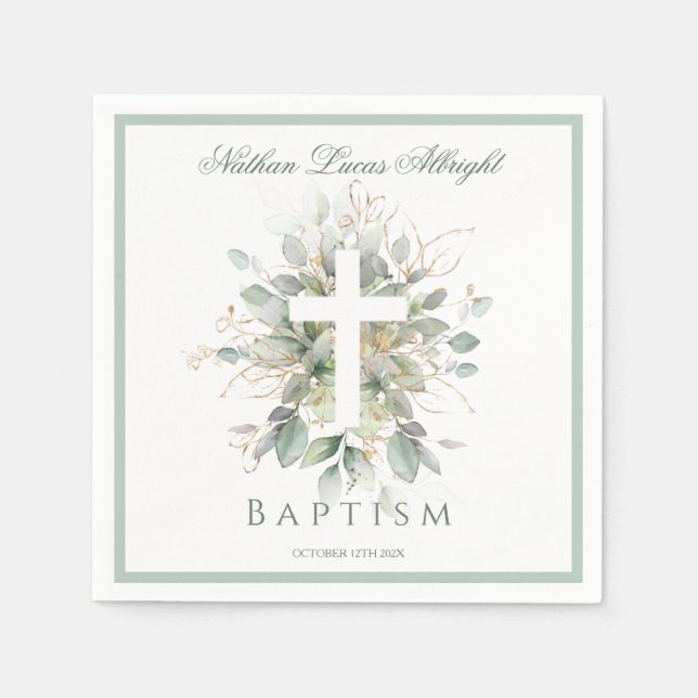 Servilleta De Papel Baptism Greenery Leaves Cross  (Anverso)