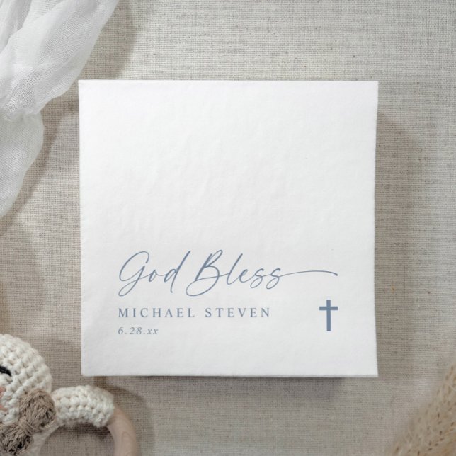 Servilleta De Papel Baptism Modern Simple Dusty Blue God Bless Cross N (Elegant dusty blue baptism napkins with “God Bless” script, cross, and personalized baby's name.)