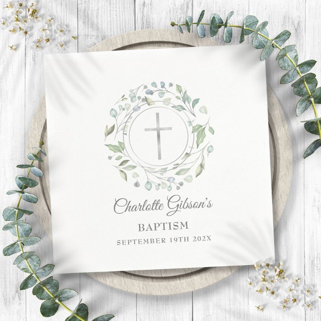 Servilleta De Papel Baptismo Christening Laurel Floral Silver Cross (Baptism Christening Laurel Floral Silver Cross Napkins)