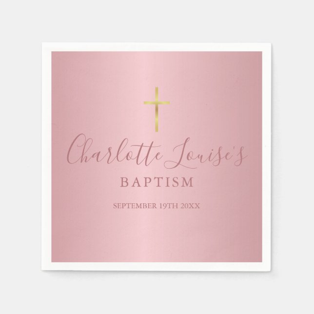 Servilleta De Papel Baptismo Christening Moderno Rosa Dorado Napkin (Anverso)