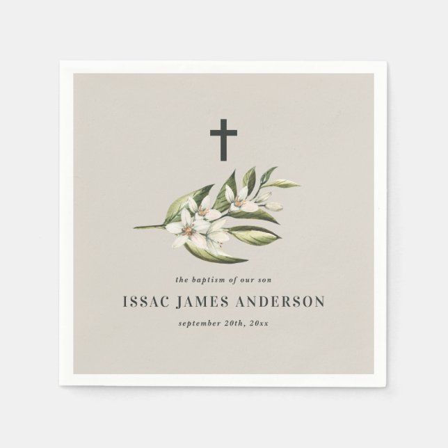 Servilleta De Papel Baptismo cristiano floración floral blanca (Anverso)