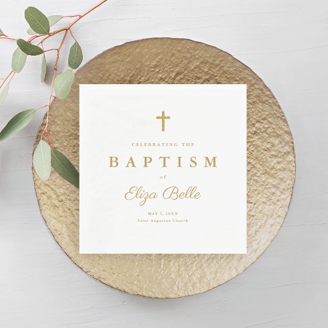 Servilleta De Papel Baptismo cruzado de Purpurina de oro clásico (Elegant gold baptism napkin with script typography and simple cross. )