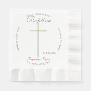 Servilleta De Papel Baptismo cruzado plateado rosa