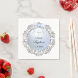 Servilleta De Papel Baptismo de armazón azul de Purpurina plateado