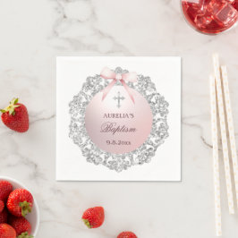 Servilleta De Papel Baptismo de armazón rosado con marco Purpurina pla