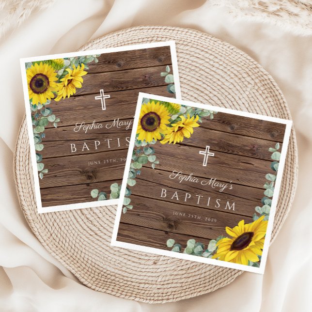Servilleta De Papel Baptismo de la cruz del girasol floral rústico (Rustic Floral Sunflower Cross Baptism Napkins)
