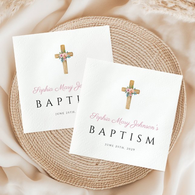 Servilleta De Papel Baptismo de la cruz floral rosada religiosa (Cute Religious Pink Floral Cross Baptism Napkins)