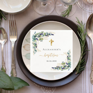 Servilleta De Papel Baptismo eucalipto verde monograma elegante