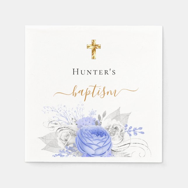 Servilleta De Papel Baptismo floral azul blanco elegante nombre guión (Anverso)