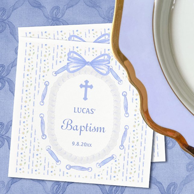 Servilleta De Papel Baptismo floral de marco de cinta azul (Subido por el creador)