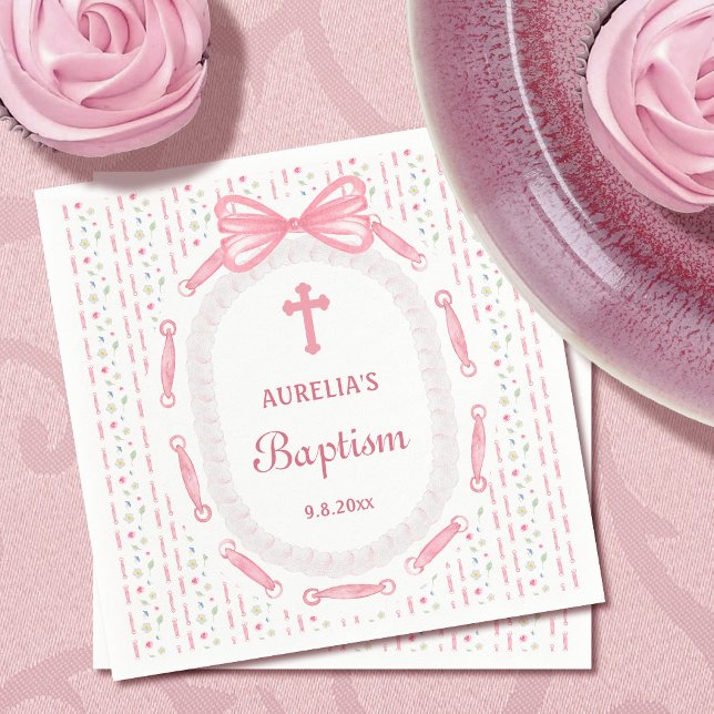 Servilleta De Papel Baptismo floral de marco de cinta rosada (Subido por el creador)