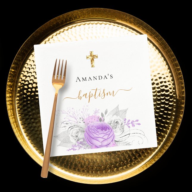 Servilleta De Papel Baptismo morado floral blanco elegante nombre chic (Subido por el creador)